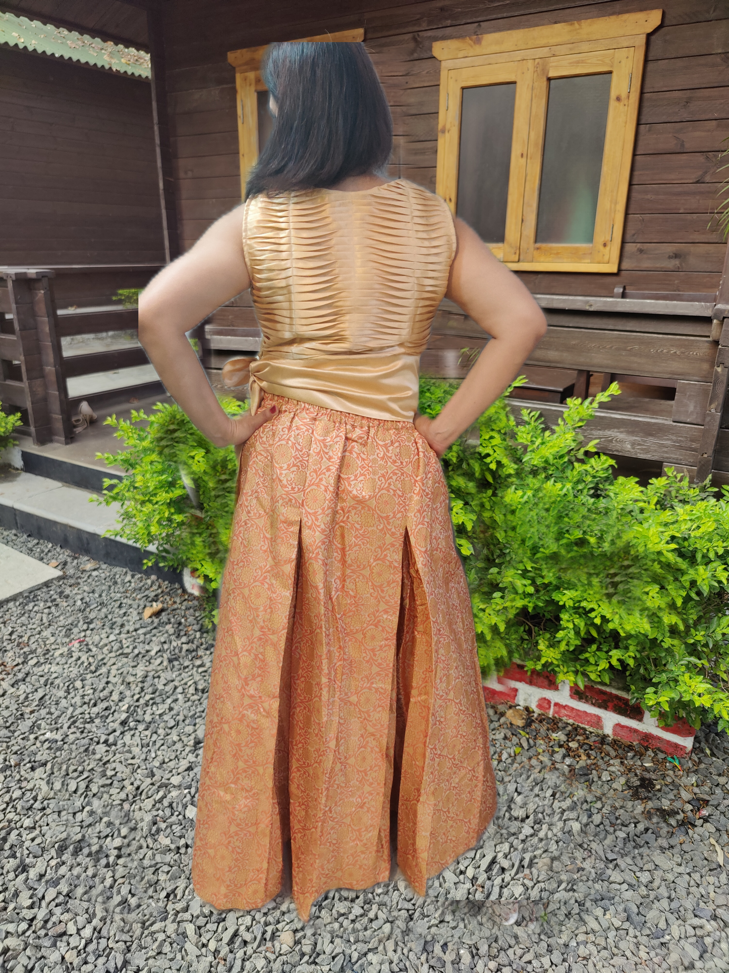 Origami Top With Banarasi Skirt Set