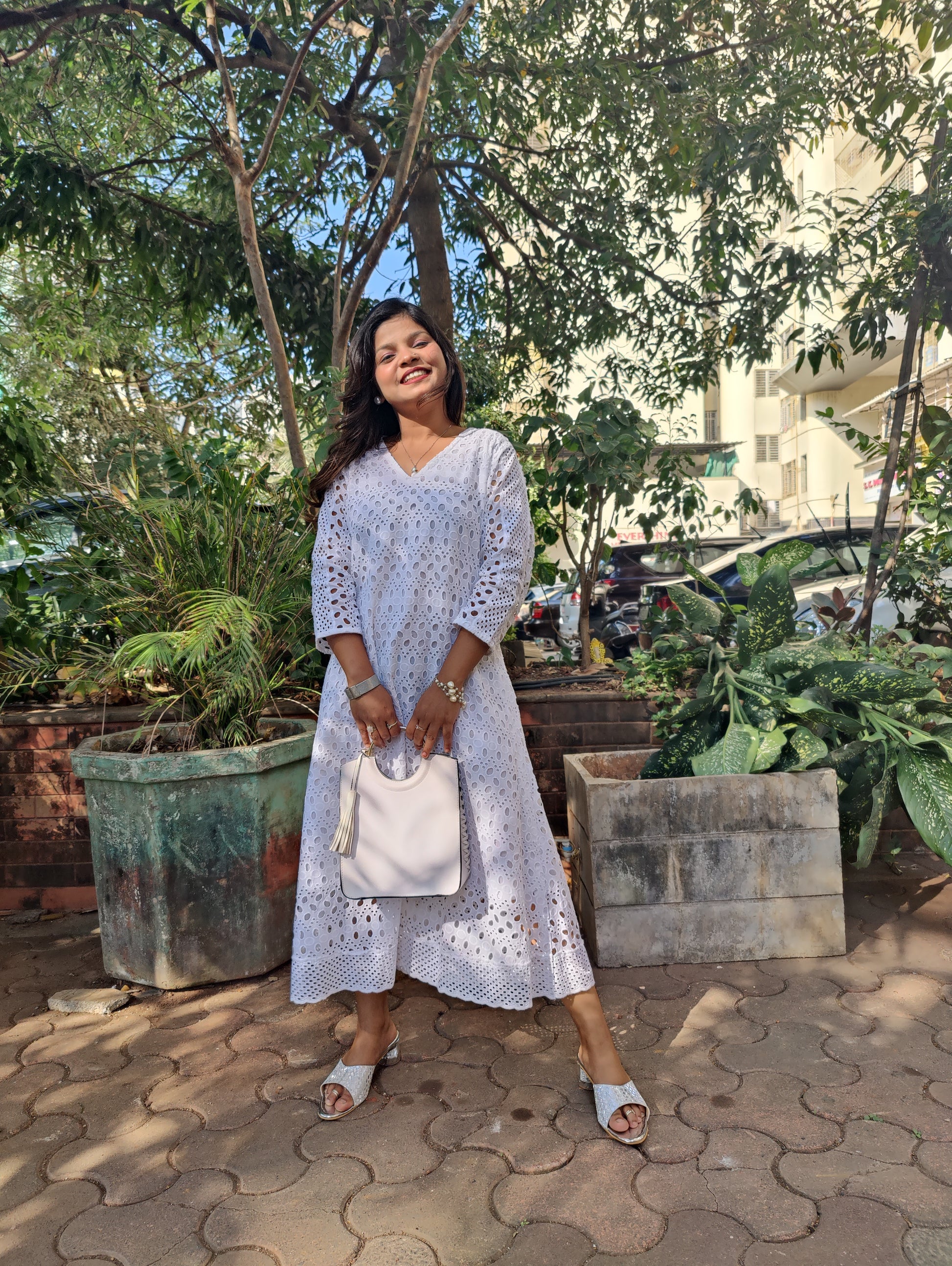 Schiffli Embroidered A line Dress | Designer Wear | Unbox Colours UNBOX COLOURS Schiffli Embroidered A line Dress | Designer Wear | Unbox Colours UNBOX COLOURS
