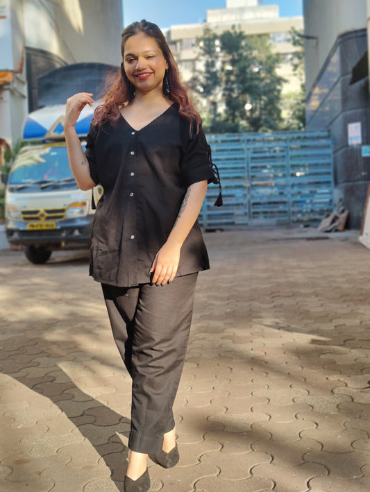 Stylish black Linen Co-ord Set for a sophisticated & elegant look. Our comfortable & fashionable ensemble blends traditional Indian ethnic design with contemporary style. Perfect for any occasion, our Co-ord Set is a versatile addition to your wardrobe. Explore our collection today to find your perfect trendy outfit.