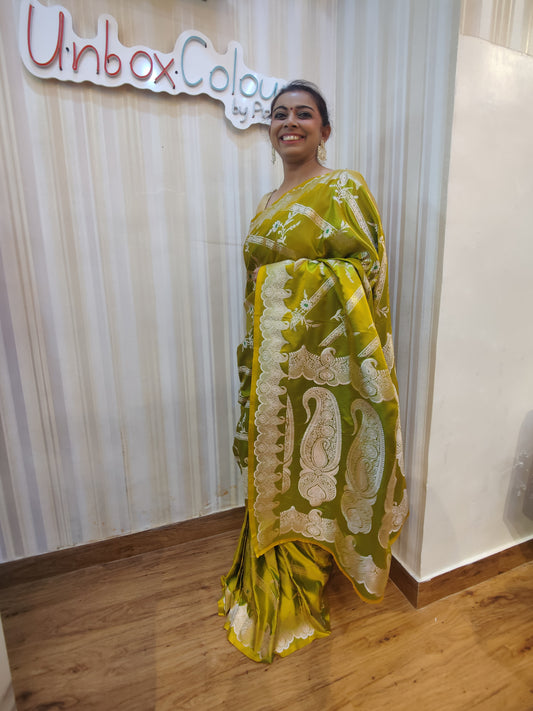 Turn Heads with Lime Green, a graceful Golden Zari Banarasi ready-to-wear Saree crafted for effortless style &amp; comfort. Featuring a rich lime green hue with elegant woven detailing, this pre-stitched saree is perfect for festive celebrations, wedding functions, receptions, haldi ceremonies, cultural events & party wear. A perfect blend of sophistication & convenience-drape it in minutes & shine beautifully at every special occasion.