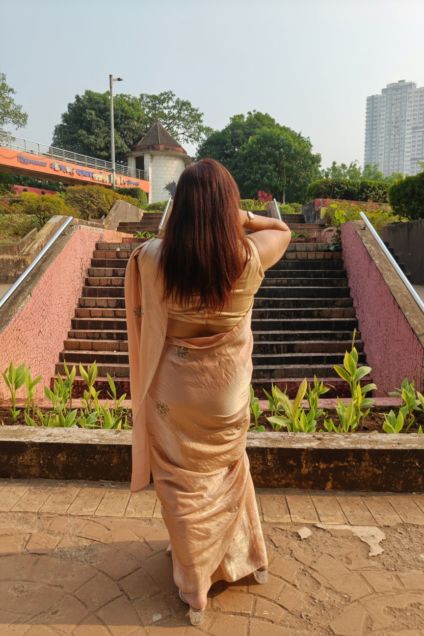 Elevate your festive & party look with this Champagne Gold Ready to Wear Saree from Aura Drapes by Unbox Colours. Designed for effortless draping, this pre-stitched saree combines timeless grace with modern comfort. Crafted in lightweight flowy fabric with delicate embellishments, it's perfect for festivals, weddings, parties & special occasions. Style, comfort & sophistication - ready in minutes.

It's peachy tone, combined with a modern, functional design, make it the perfect choice for every occasion.