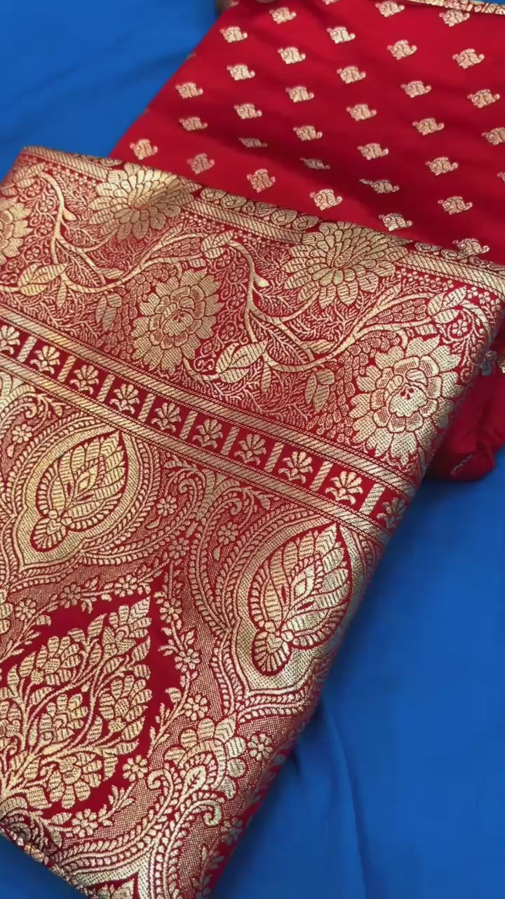 Make a bold statement with this bold Bloody Red Banarasi Ready to Wear Saree from Aura Drapes by Unbox Colours. Designed for effortless elegance & all-day comfort. Featuring rich red tones with luxurious golden sari detailing, this pre-stitched saree is perfect for weddings, house-warmings, festive celebrations, receptions, parties, Karwa Chauth, Diwali & special family celebrations. Traditional charm meets modern convenience-drape it in minute.