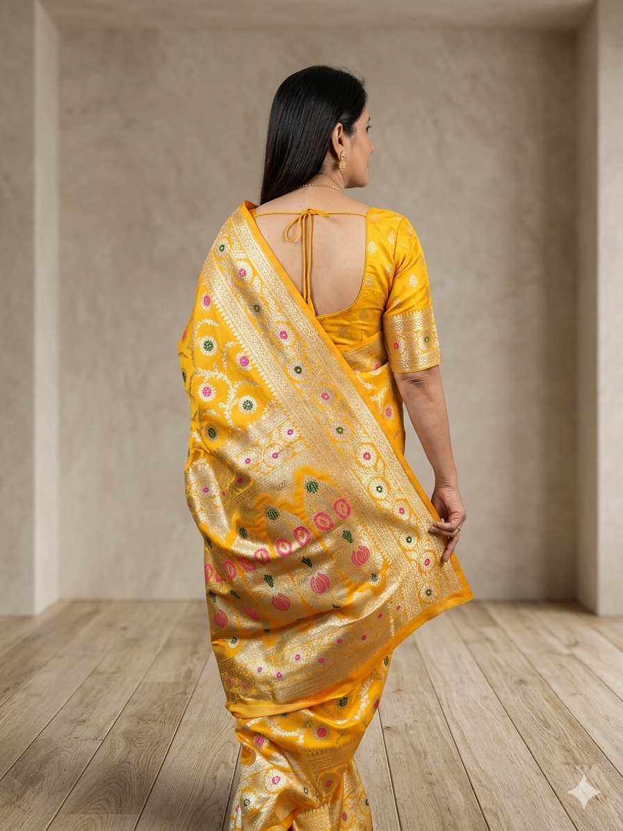 Ready-to-Wear Saree, Pre-Stitched Saree, Yellow Saree, Haldi Saree, Wedding Saree, Festive Saree, Party Wear Saree, Banarasi Style Saree, Aura Drapes by Unbox Colours.
