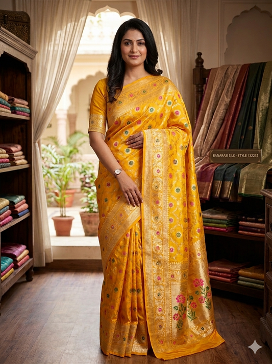 Ready-to-Wear Saree, Pre-Stitched Saree, Yellow Saree, Haldi Saree, Wedding Saree, Festive Saree, Party Wear Saree, Banarasi Style Saree, Aura Drapes by Unbox Colours.