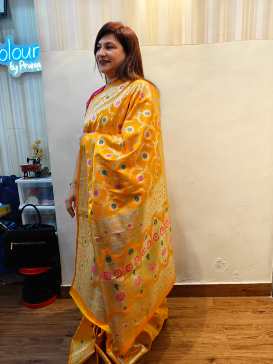 Ready-to-Wear Saree, Pre-Stitched Saree, Yellow Saree, Haldi Saree, Wedding Saree, Festive Saree, Party Wear Saree, Banarasi Style Saree, Aura Drapes by Unbox Colours.