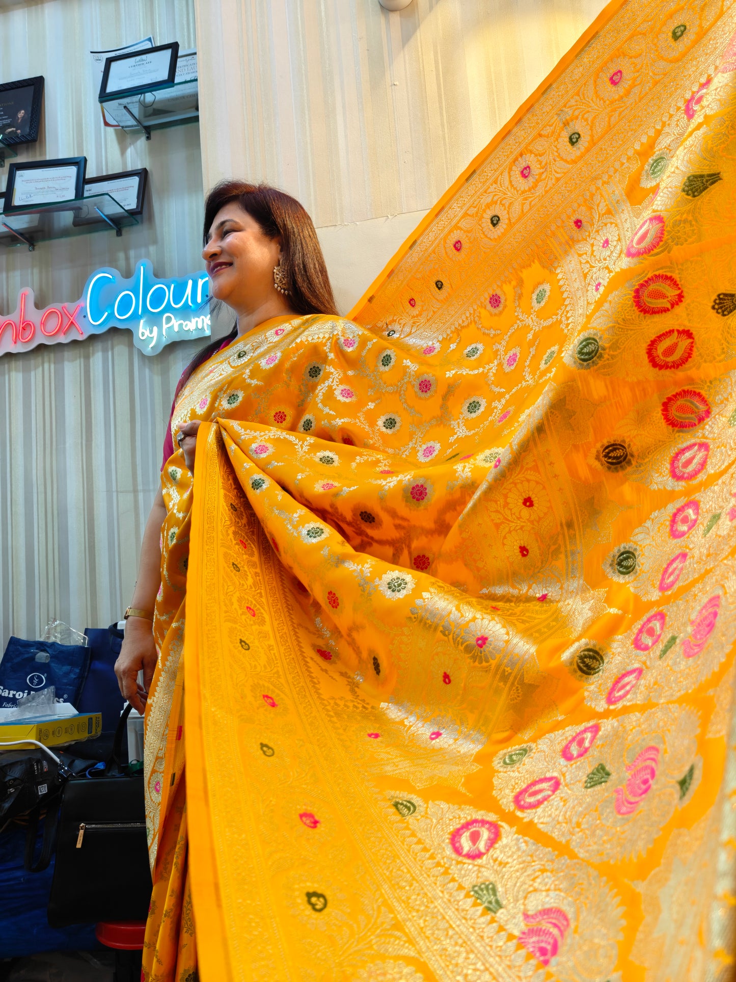 Ready-to-Wear Saree, Pre-Stitched Saree, Yellow Saree, Haldi Saree, Wedding Saree, Festive Saree, Party Wear Saree, Banarasi Style Saree, Aura Drapes by Unbox Colours.