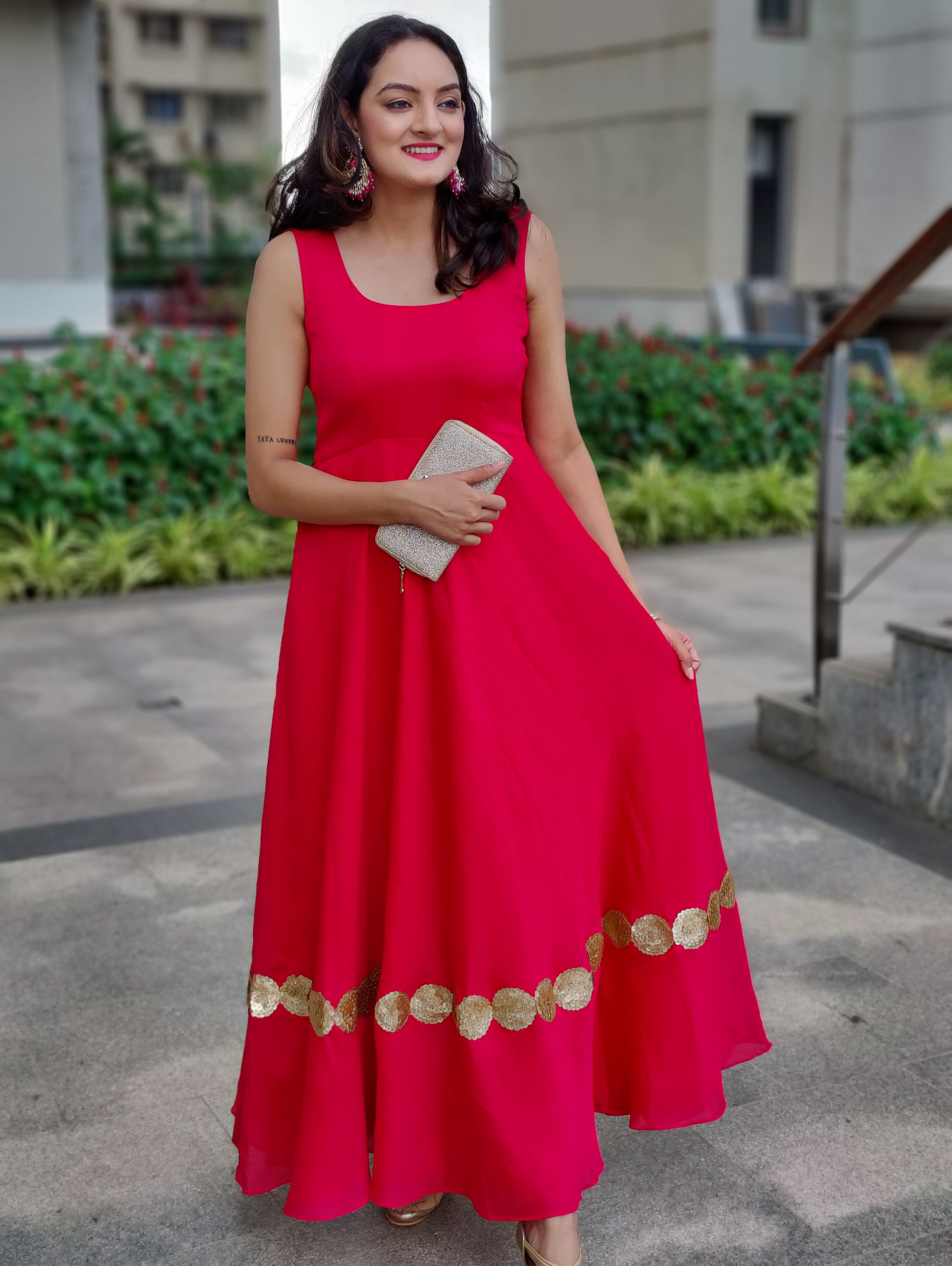 Women's Georgette Traditional Ethnic Long Gown Western Dress with Round  Neck | eBay