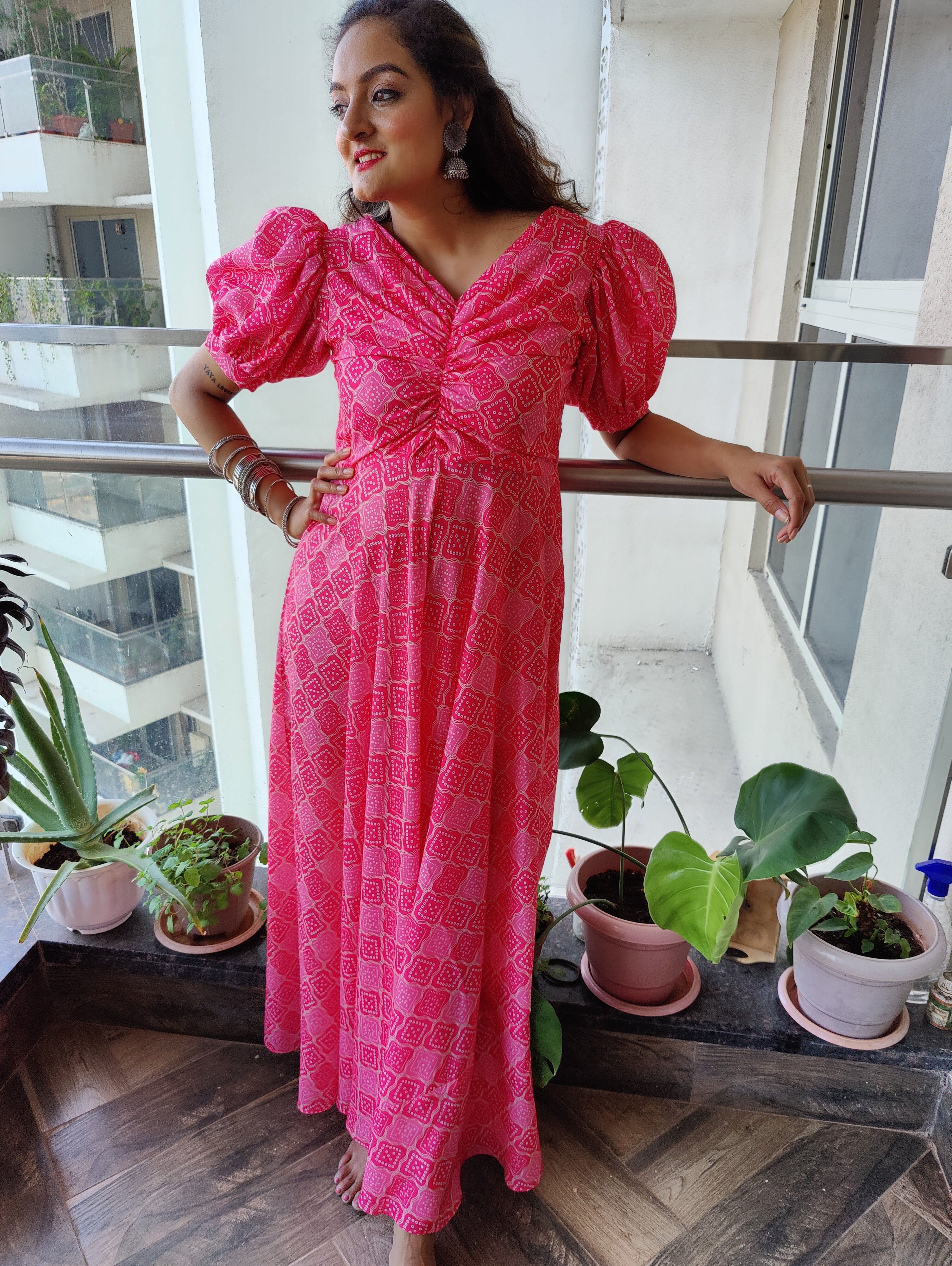 Buy Pink Maxi Dress In Georgette With Bandhani Print And Bishop Sleeves  Online - Kalki Fashion